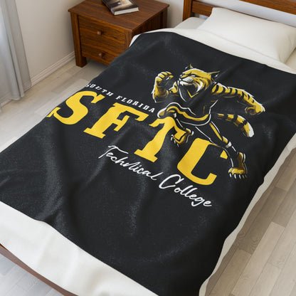Black SFTC Velveteen Plush Blanket with Bobcat Design
