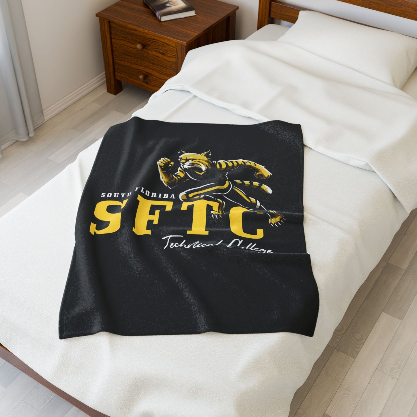 Black SFTC Velveteen Plush Blanket with Bobcat Design