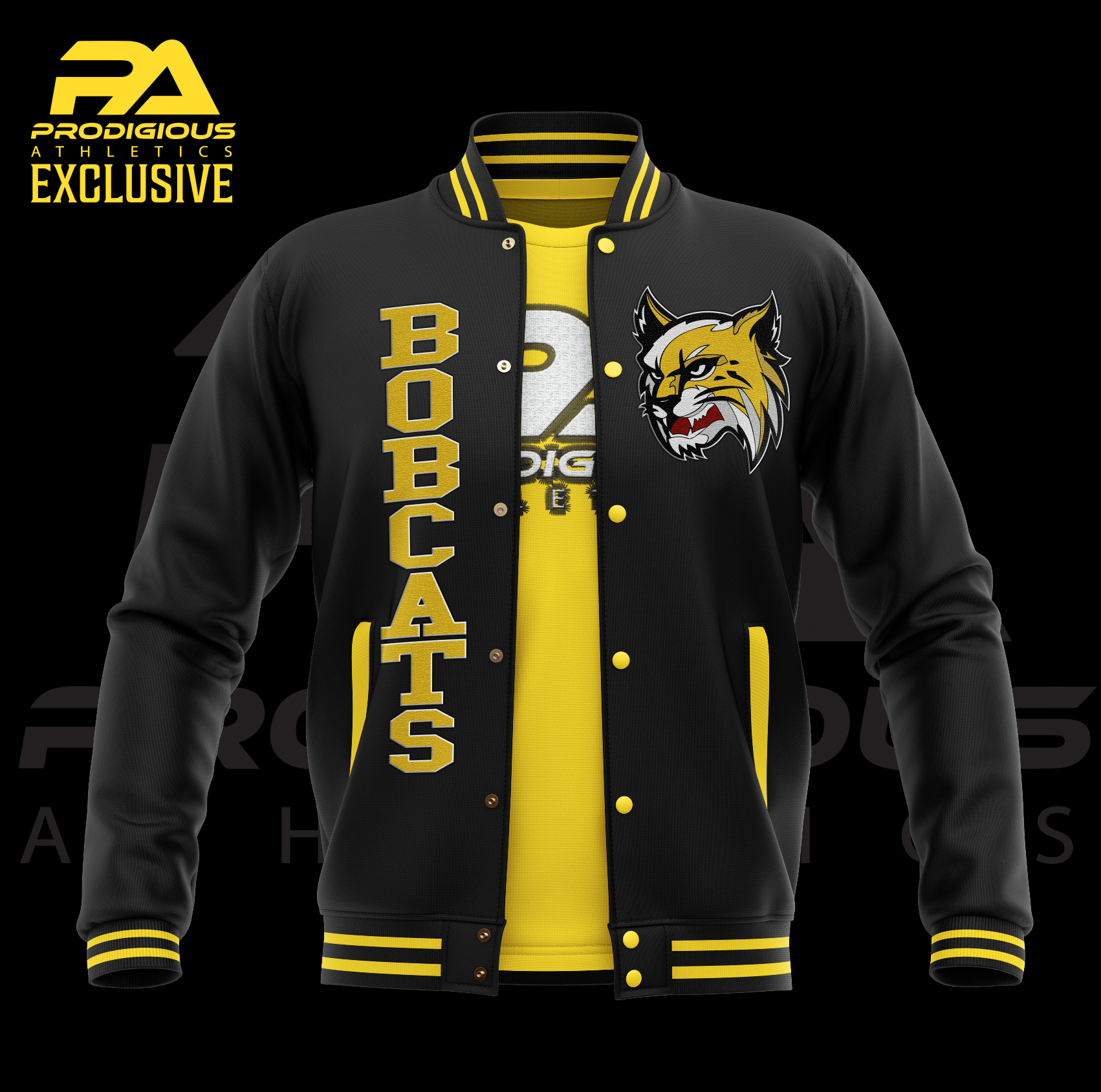 Black and yellow varsity jacket with 'Bobcats' text and logo on a black background