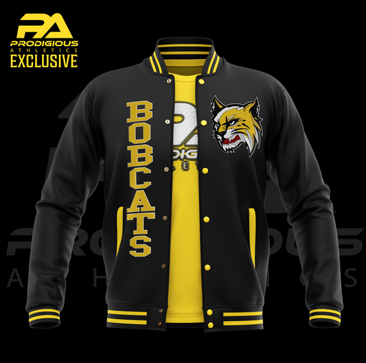 Black and yellow varsity jacket with 'Bobcats' text and logo on a black background