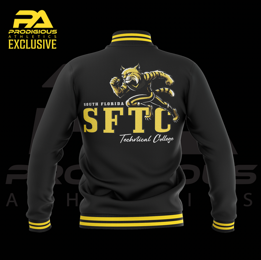 Black jacket with yellow accents featuring 'South Florida Technical College' and a tiger logo on the back, branded with 'Prodigious Athletics'.